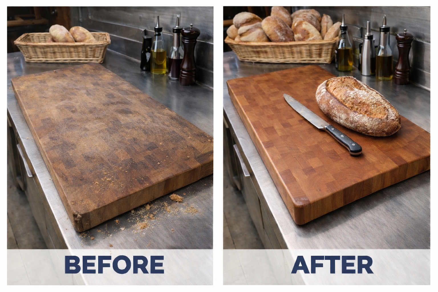 Cutting board before and after resurfacing