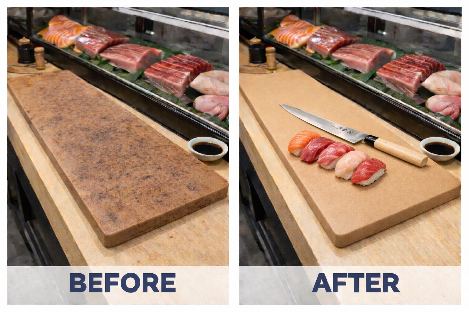 Sushi station board before and after